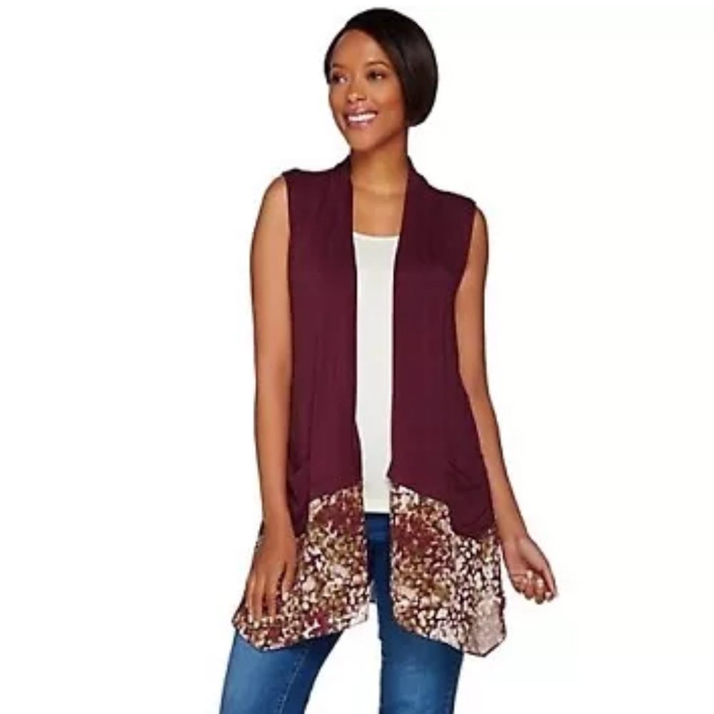 LOGO LORI GOLDSTEIN MAROON RELAXED FIT SOFT STRETCHY SLEEVELESS CARDIGAN…